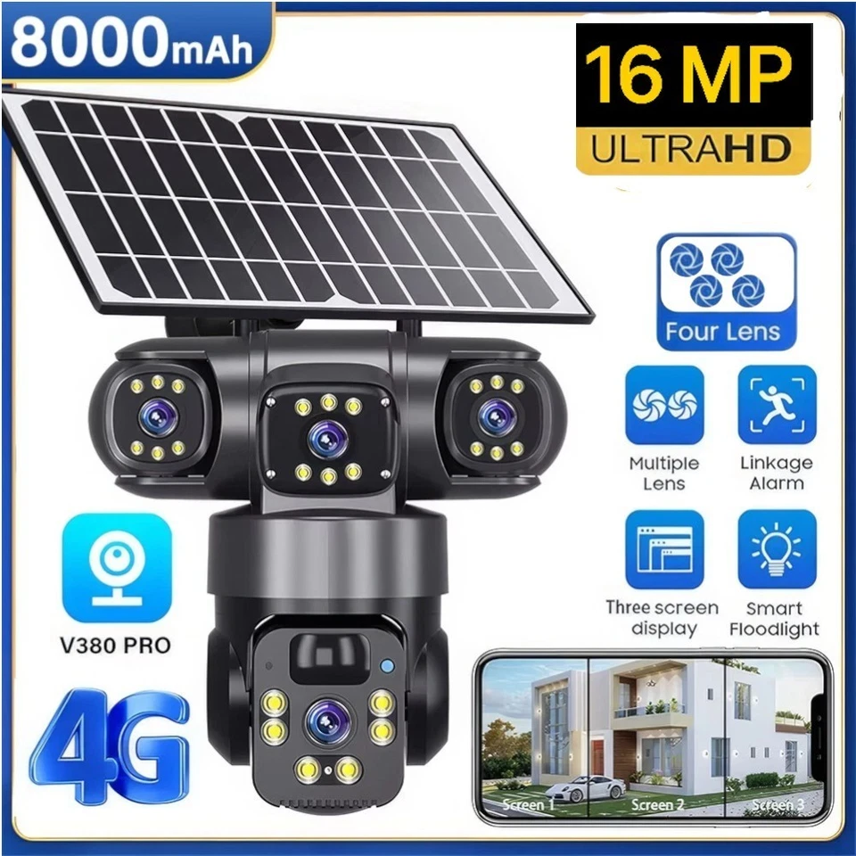 16 MP 4G SIM Solar Security IP Camera Outdoor 4 Lens PTZ CCTV Motion Detection - Image 1 of 4