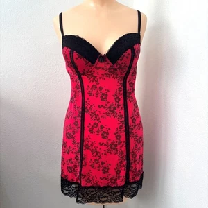 Rotes geblümtes Damen Y2K Bustier Schlupf Kleid Größe Large Mini 1990er Spitze Whmisgoth - Bild 1 von 6