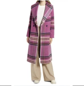 Halogen Plaid Shawl Collar Double Breasted Coat - Picture 1 of 5