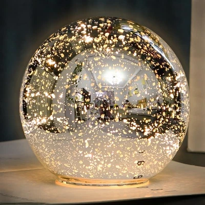 Lighted Mercury Glass Ball Table Lamp with Timer, Silver Cordless Orb Christm... - Image 1 of 4