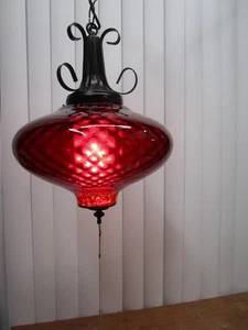 Vintage MCM Hanging Red Globe Swag Pendant Lamp 1960’s Boho Hippie 15" t 1960's - Picture 1 of 20