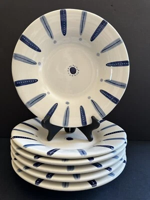 6 Pottery Barn TIBURON 10.25" Deep Dinner Plate or Pasta Bowl Blue White Stripe - Image 1 of 4