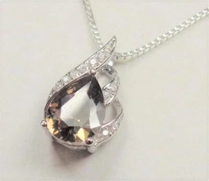 STERLING SILVER ETERNAL FLAME TEARDROP SMOKE & WHITE CZ STONES PENDANT NECKLACE - Picture 1 of 6