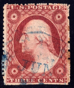 #26A - 3¢ 1857-1860, 19L10i, linea telaio interno ritagliata a destra, CDS blu con data GIUN - Foto 1 di 1