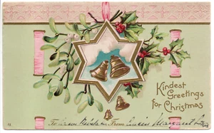 Freundlichste Weihnachtsgrüße Glocken Stern Mistelzweig geprägt UDB Postkarte PM 1906 - Bild 1 von 13