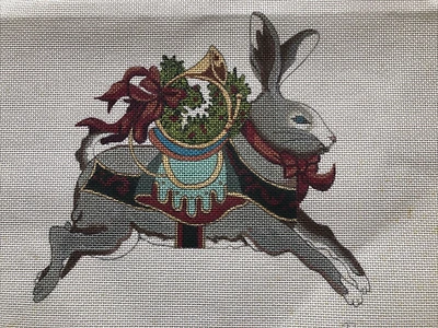 Vintage Peter Ashe Christmas Rabbit French Horn Needlepoint Canvas Handpainted - Image 1 of 4