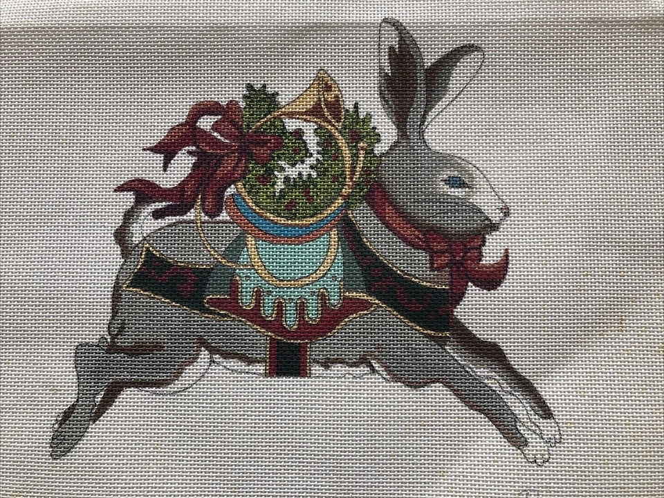 Vintage Peter Ashe Christmas Rabbit French Horn Needlepoint Canvas Handpainted - Image 1 of 4