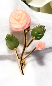 Vintage Gold Swoboda Jade Angel Skin Coral Rose Flower Brooch Pin - Picture 1 of 4