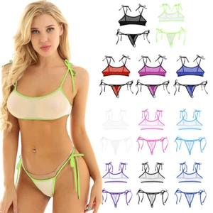 UK Women's Bra Crop Top Tie Side Mini Bikini Thongs Mesh See Through Swimwear - Picture 1 of 68
