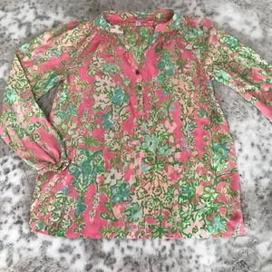 Lilly Pulitzer Shirt Damen XS rosa Seide klassisch Blumen leicht fließend gerafft Vintage - Bild 1 von 9