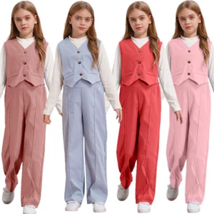 Girls 3 Piece Outfits Button Down V Neck Suit Vests and Pants Pullover Shirt Top - Picture 1 of 53