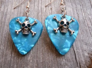 Skull & Crossbones Charm Guitar Pick Earrings with Surgical Steel Earwires - Picture 1 of 17