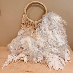Bolso de mano francés de gran tamaño con flecos de macramé blanco y tostado boho - Imagen 1 de 6