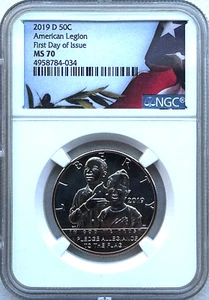 2019-D AMERICAN LEGION HALF DOLLAR - NGC MS70 FDI FLAG LABEL - FREE SHIPPING! - Picture 1 of 2
