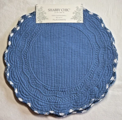 SHABBY CHIC PLACEMATS (4) BLUE QUILTED CHECK 15 IN 100% COTTON NWT