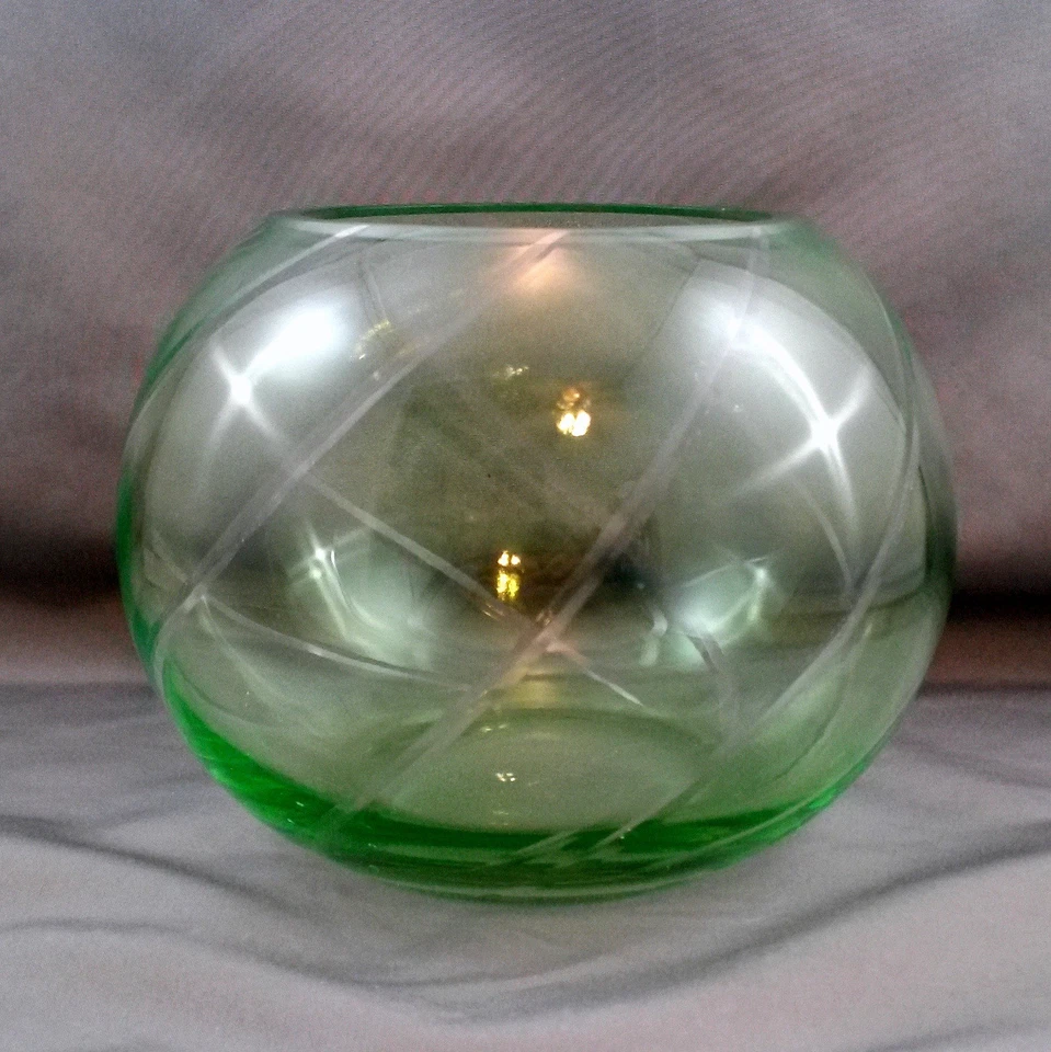 Light Green Cut to Clear Crystal Rose Bowl  6in Votive Tea Light - Image 1 of 4