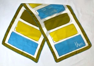 Sciarpa seta geometrica vera Chartreuse giallo acido blu 45" x 15" vintage anni 80 - Foto 1 di 4
