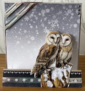 Handmade 6"x6" Winter Owls Couple Christmas Stepper Decoupage Card-Winter Wishes - Picture 1 of 5