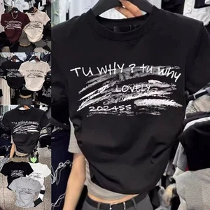 Women Fashion T Shirt with Letter Print and Short Sleeves for Warm Weather - Picture 1 of 8