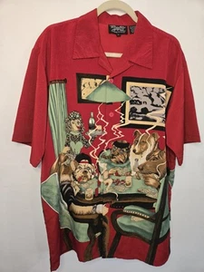 90s Men's Shirt L Dogs Playing Poker Smoking Button Up Vtg Short Sleeve Collar - Picture 1 of 7