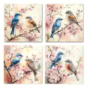 4pcs Charming Country Birds Floral Branches Wall Art Canvas Unframed/Framed - Picture 1 of 6