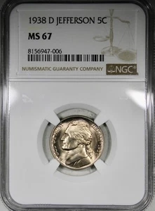 1938-D Jefferson Nickel NGC MS67 High Grade First Year Coin - Picture 1 of 2