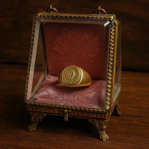 Antique French Victorian Glass Ring Box | Brass Feet + Pink Damask Lining | Rare - Picture 1 of 8