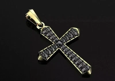 Colgante Cruz Diamante Negro Creado en Laboratorio Redondo 2Ct Chapado en Oro Amarillo 14k Para Hombre Foto 1 de 3