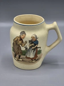 Roseville Creamware Keramik Becher Stein niederländische Szene Mädchen Junge mit Katze - Bild 1 von 5