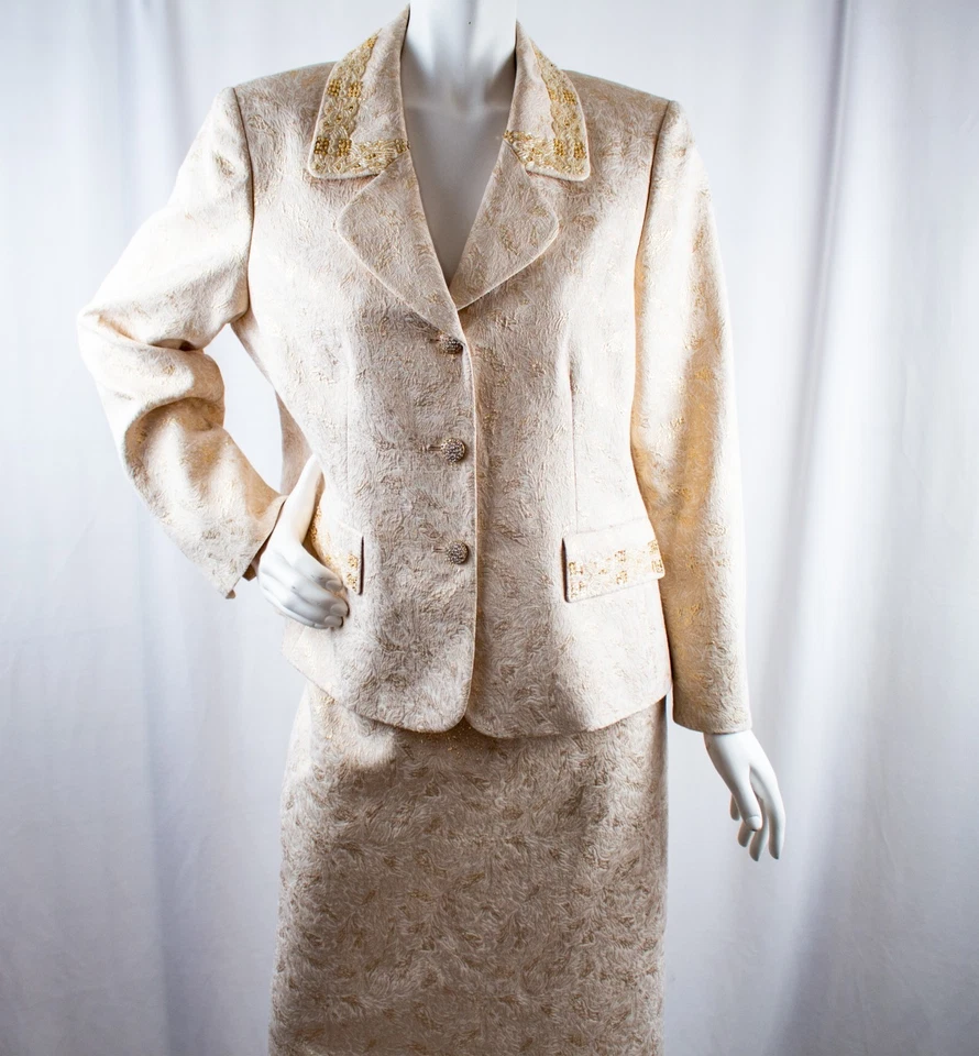 KASPER New Ivory Gold Embellished Floral Rhinestone Women Skirt Suit Size 16 - Image 1 of 4