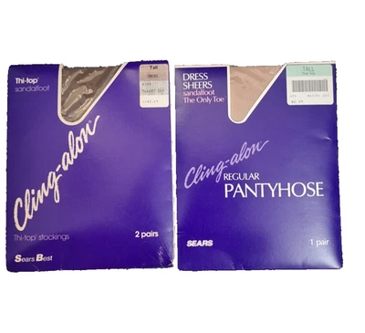 Lot of 2 Vintage SEARS Cling-alon Pantyhose 9.5 to 12 Grey Tan Stockings NIB - Image 1 of 4
