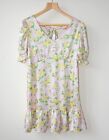 Ex New Look Light Pink+Yellow Floral V-Neck Tie Back Satin Mini Dress Size 12