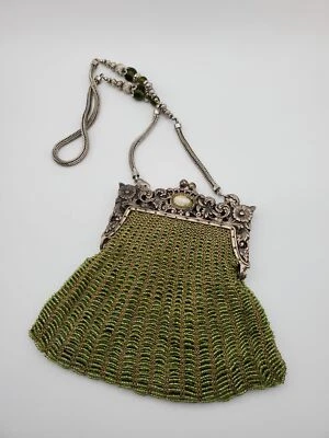 Vintage Green beaded metal flower design clutch Purse - Image 1 of 4