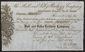Hull and Selby Railway Company, £12 10s acción, 1845, negro - Imagen 1 de 1