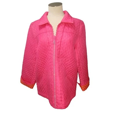 Quacker Factory Pink Orange Quilted Jacket 100% Silk Shell Rhinestone Zipper L - Image 1 of 4