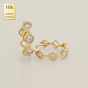 Pendientes con bisagra de hélice y aro Huggie trío diamantes oro macizo 14K REAL - Imagen 1 de 5
