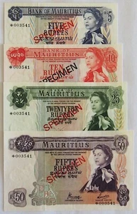1978 Mauritius 5 to 50 Rupees Specimen Set of notes with matching serial numbers - Picture 1 of 10
