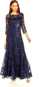 TAHARI ARTHUR S LEVINE Gown Navy Blue Sequin Chiffon Flutter Sleeve Size-8 - Picture 1 of 20