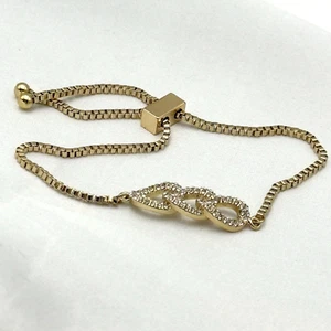 Gold Tone Slider Bracelet Triple Interlocking Loop Glass Faceted Adjustable Chic - Picture 1 of 14