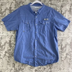 Columbia Shirt Adult Large Blue PFG Pearl Snap Western Button Short Sleeve Mens - Picture 1 of 14