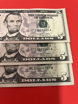 Fancy Serial Number (3) $5 2009 2013 Triple Ending222 444 777  - Image 1 of 4