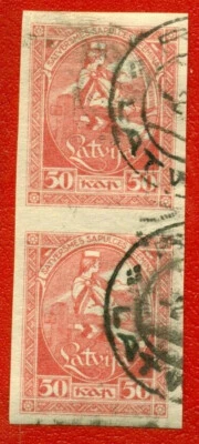 LATVIA LETTLAND 50 KOPEKS 1920 PAIR IMPERF. SC 70a USED 997 - Image 1 of 2