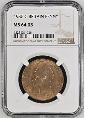 GREAT BRITAIN 1 Penny 1936, NGC MS 64 RB, Mostly Red, Lustrous Ch. UNC / BU.  F2 - Image 1 of 2