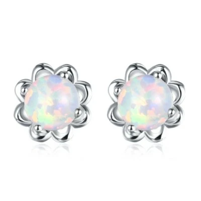 Precio Especial Preciosos Pendientes Redondos Blanco Ópalo de Fuego Plata Gancho Nuevos Foto 1 de 4