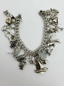 VINTAGE UNIQUE TESTED 925 STERLING SILVER W/25 CHARMS 7" BRACELET 520 CTW/104 GR - Picture 1 of 6