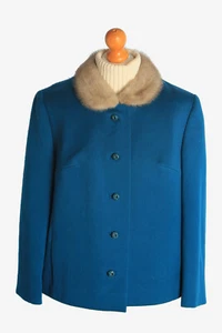 Womens Coat Fur Collar Designer Vintage Warm Retro 90's Teal Size XL -C2325 - Picture 1 of 5