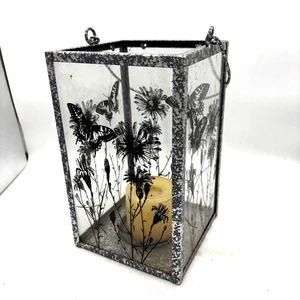 Glas Metall Schmetterling Blume Windlicht Kerzenhalter Rustikal Garten Terrasse Deko - Bild 1 von 6