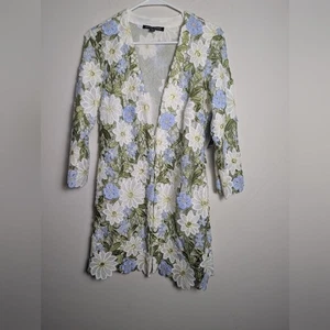 Boston Proper Jacke Staubmantel Strickjacke Spitze Blumen gefüttert grün weiß blau Gr. M - Bild 1 von 9