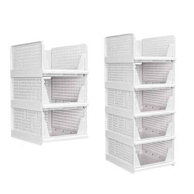 Pacote com 5 organizadores de armário empilháveis recipiente dobrável cesta de armazenamento de plástico branco - Imagem 1 de 4