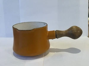 MCM Dansk Orange Enamel Wood Handled 4” Sauce Pot Contour Pouring Edge France - Picture 1 of 9